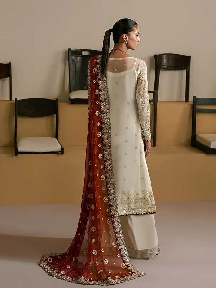 "Detailed drape view of the fluid luxury embroidered chiffon statement dupatta paired with the Gulaal Iyla formal suit from Mirha Collections."
