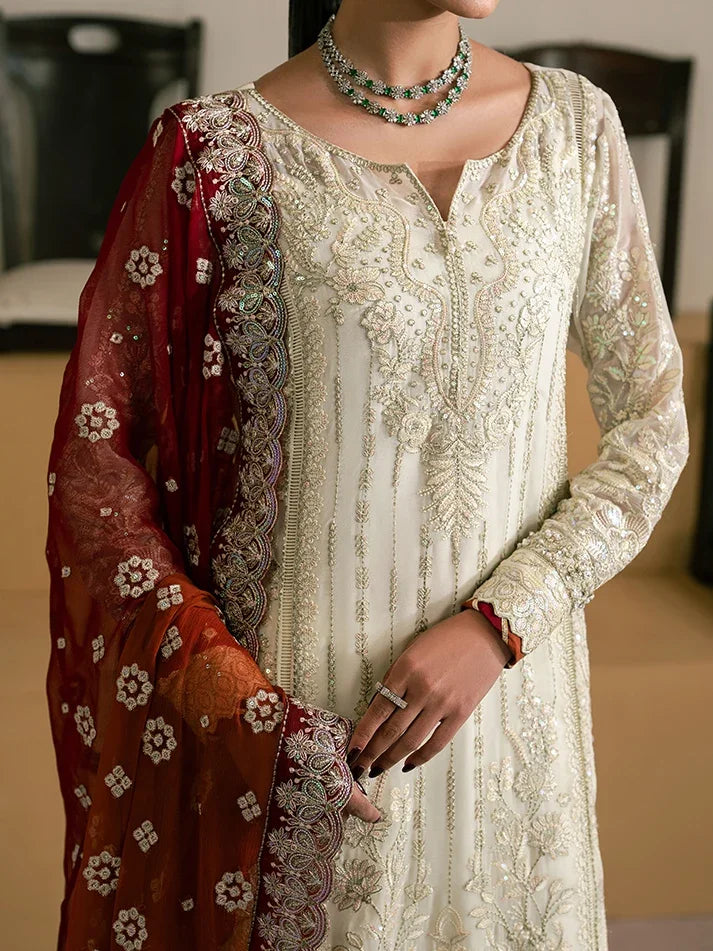 "Close-up detailing on the Gulaal Iyla shirt bodice, displaying fine threadwork embroidery, delicate sequin accents, and soft chiffon fabric texture."