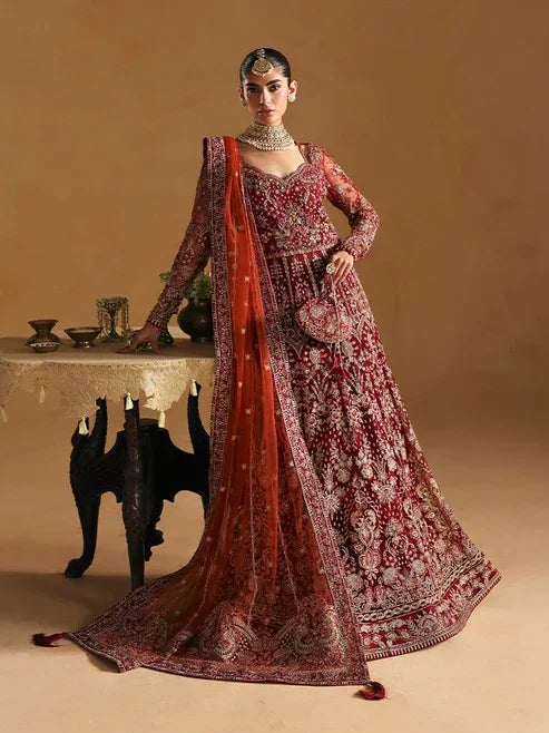 "Mirha Collections Gulaal Jahari luxury embroidered stitched three-piece chiffon suit. Full-length front view featuring tailored shirt, embellished dupatta, and trousers."