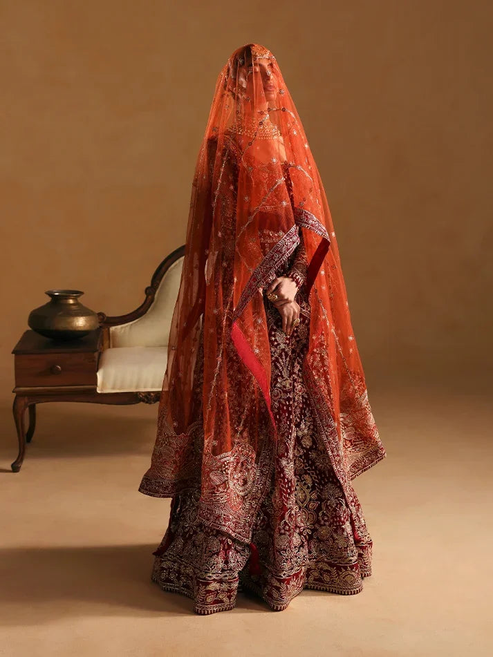 "Detailed drape view of the fluid luxury embroidered chiffon statement dupatta paired with the Gulaal Jahari formal suit from Mirha Collections."