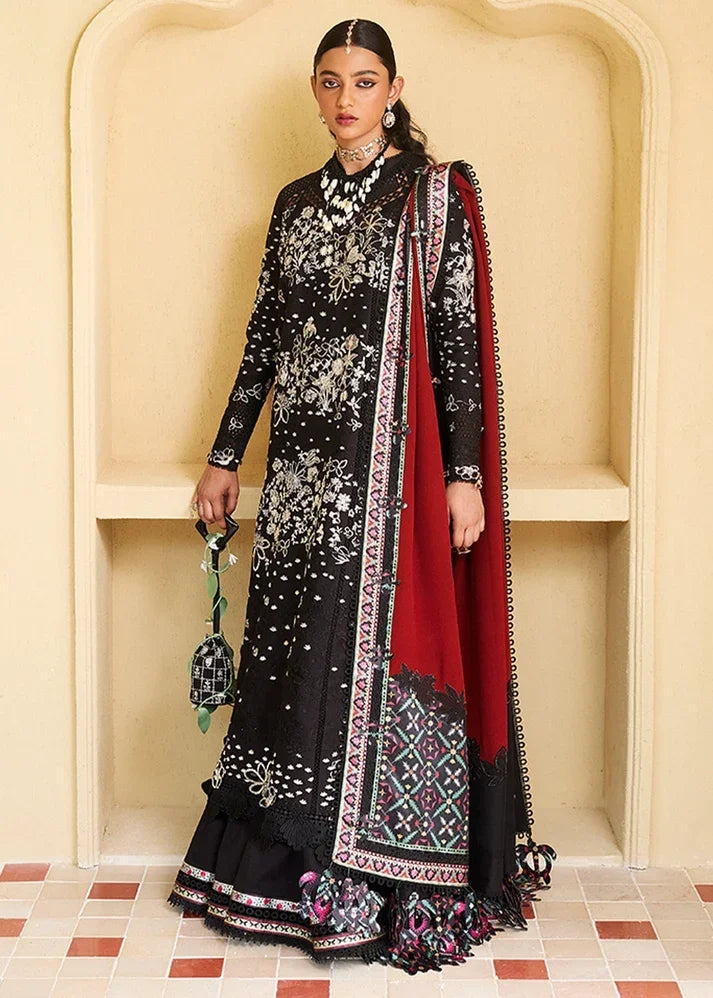 "Mirha Collections Suffuse Kiran pastel embroidered lawn shirt with straight cambric trousers and chiffon dupatta three-piece set."