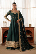 "Mirha Collections Gulaal Karine luxury embroidered stitched three-piece chiffon suit. Full-length front view featuring tailored shirt, embellished dupatta, and trousers."