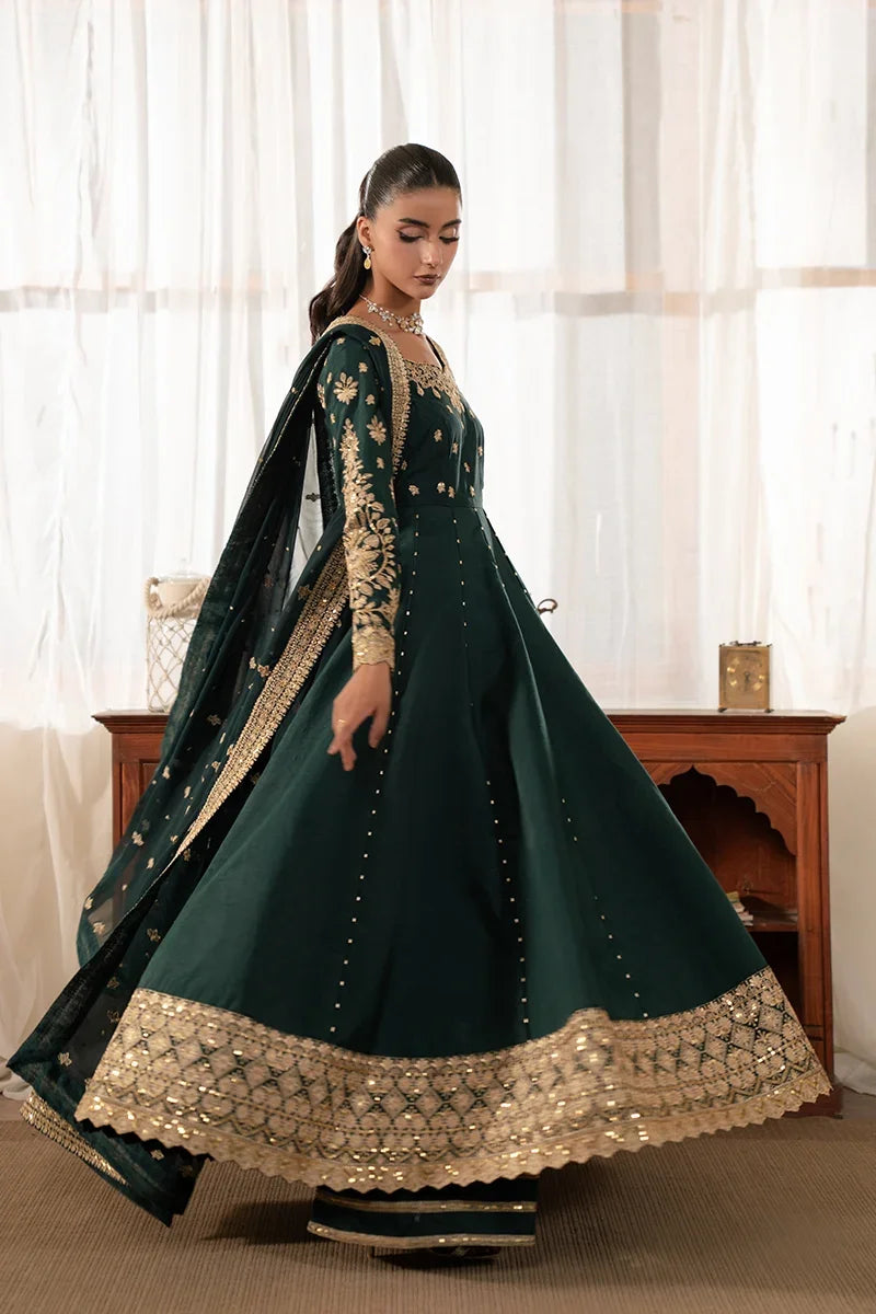 "Detailed drape view of the fluid luxury embroidered chiffon statement dupatta paired with the Gulaal Karine formal suit from Mirha Collections."
