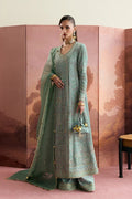 "Mirha Collections Suffuse Lisha sage green printed velvet half-overlapped angrakha with wide-leg Azaar pants three-piece formal suit."