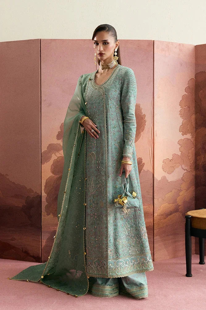 "Mirha Collections Suffuse Lisha sage green printed velvet half-overlapped angrakha with wide-leg Azaar pants three-piece formal suit."