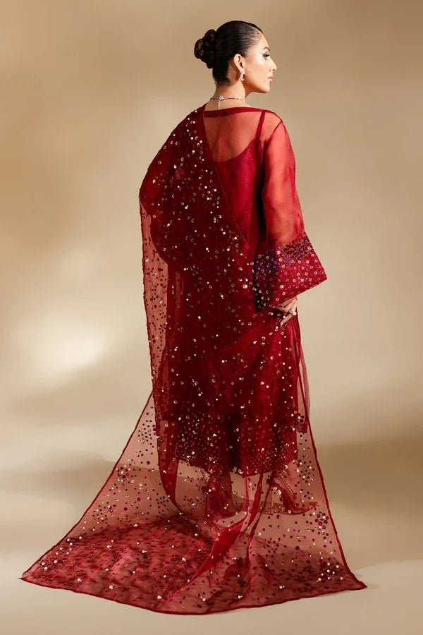 "Focus on matching statement embroidered organza dupatta framed with detailed borders paired with Nureh Love Struck set."