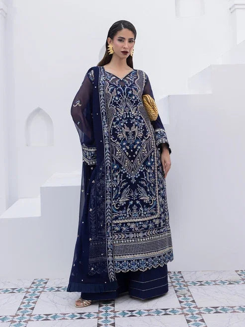 "Mirha Collections Gulaal Lueur luxury embroidered stitched three-piece suit. Full-length front view featuring tailored shirt, embellished dupatta, and trousers."