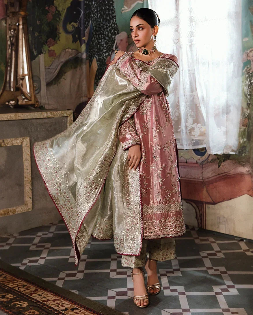 "Mirha Collections Mushq Lamia luxury embroidered stitched three-piece suit. Full-length front view featuring tailored shirt, designer dupatta, and trousers."