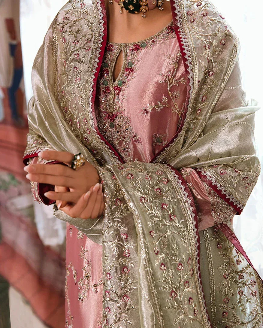 "Close-up detailing on the Mushq Lamia shirt bodice, displaying fine threadwork embroidery, embellished neck finishes, and soft fabric texture."