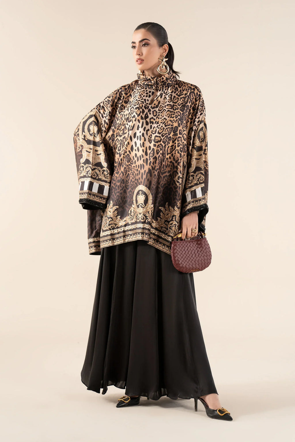 "Mirha Collections Maria B MBS-W25-19 rust luxury hand-embellished stitched three-piece sateen suit. Full-length front view featuring tailored shirt, statement dupatta, and trousers."