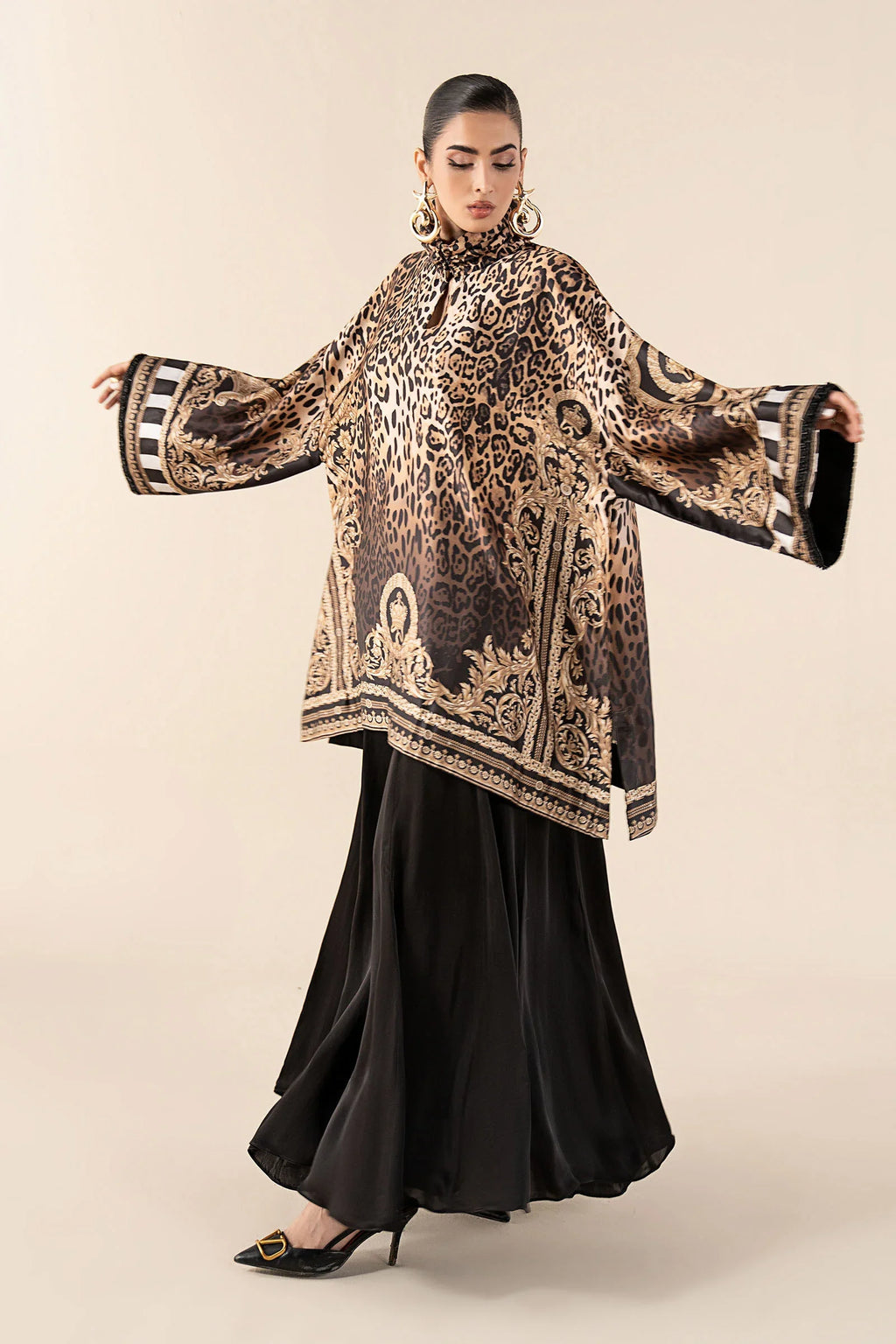 "Detailed drape view of the fluid luxury embroidered statement dupatta with scalloped borders paired with the Maria B MBS-W25-19 Rust formal suit from Mirha Collections."