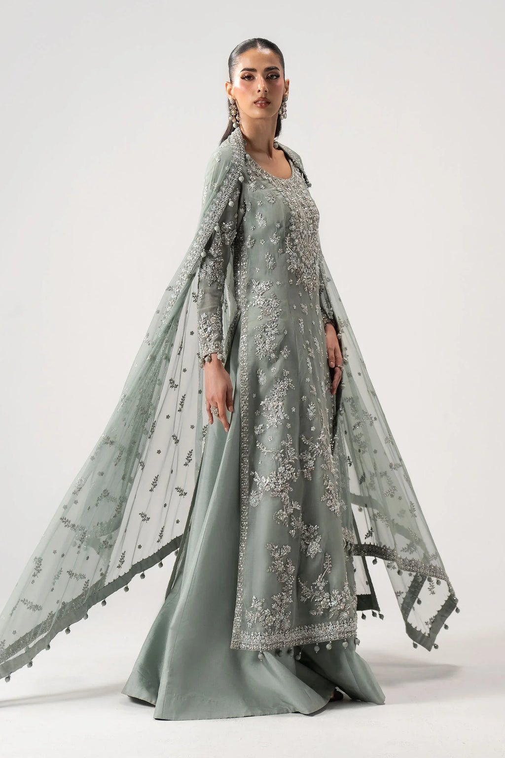 "Mirha Collections Maria B MC-26V1-05 rich velvet couture shirt with raw silk trousers and heavy embroidered dupatta three-piece formal suit."