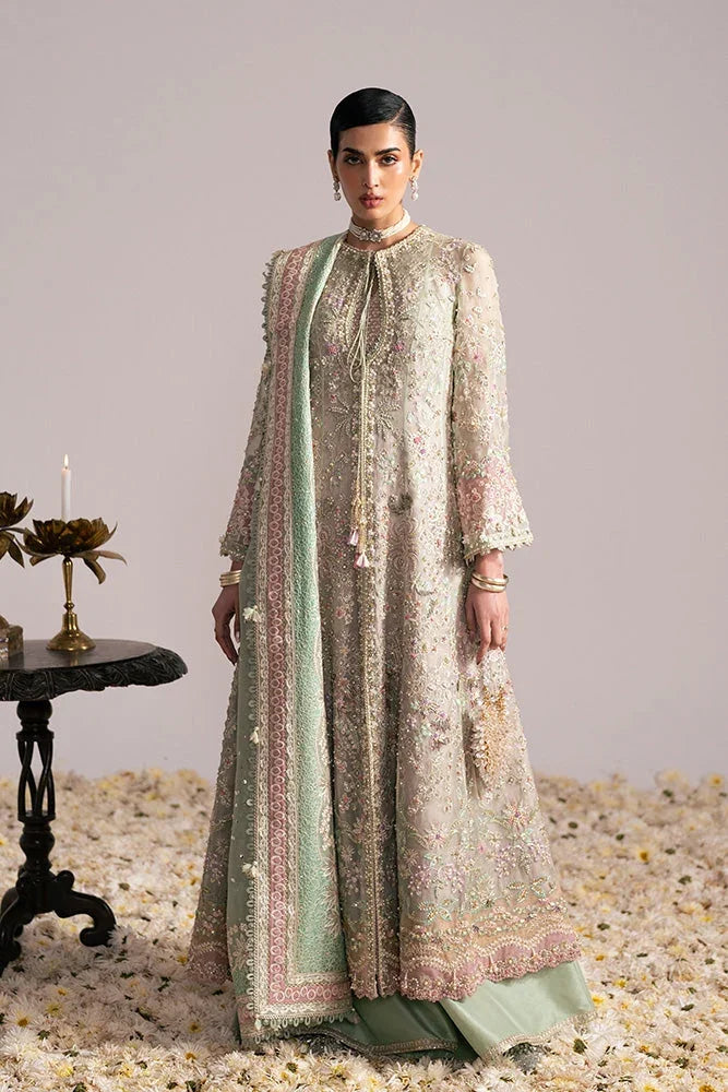 "Mirha Collections Suffuse Mehtab mint green and blush pink heavily embellished floor-length wedding gown formal set."