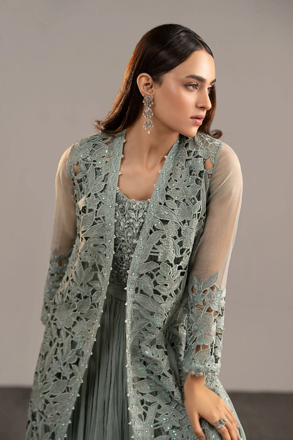 Maria.B. - 3 Piece Embroidered Zari Organza Suit (MGL-EF26-01-Ice Blue) - Mirha Collections