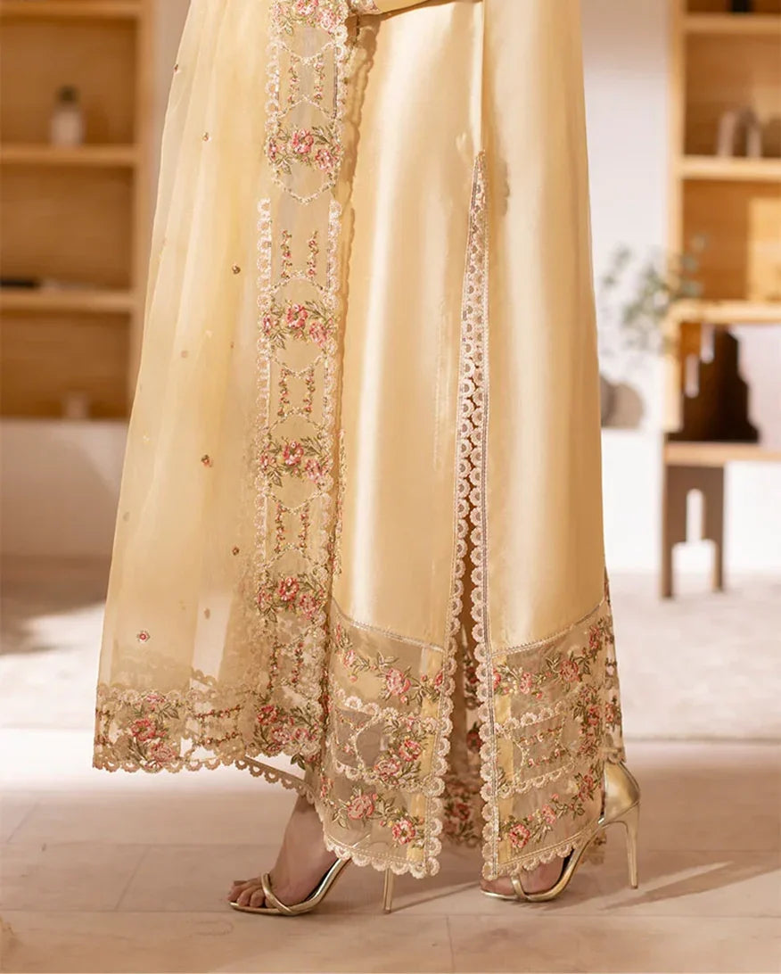 "Detailed drape view of the fluid luxury embroidered dupatta paired with the Mushq Aurea formal suit from Mirha Collections."