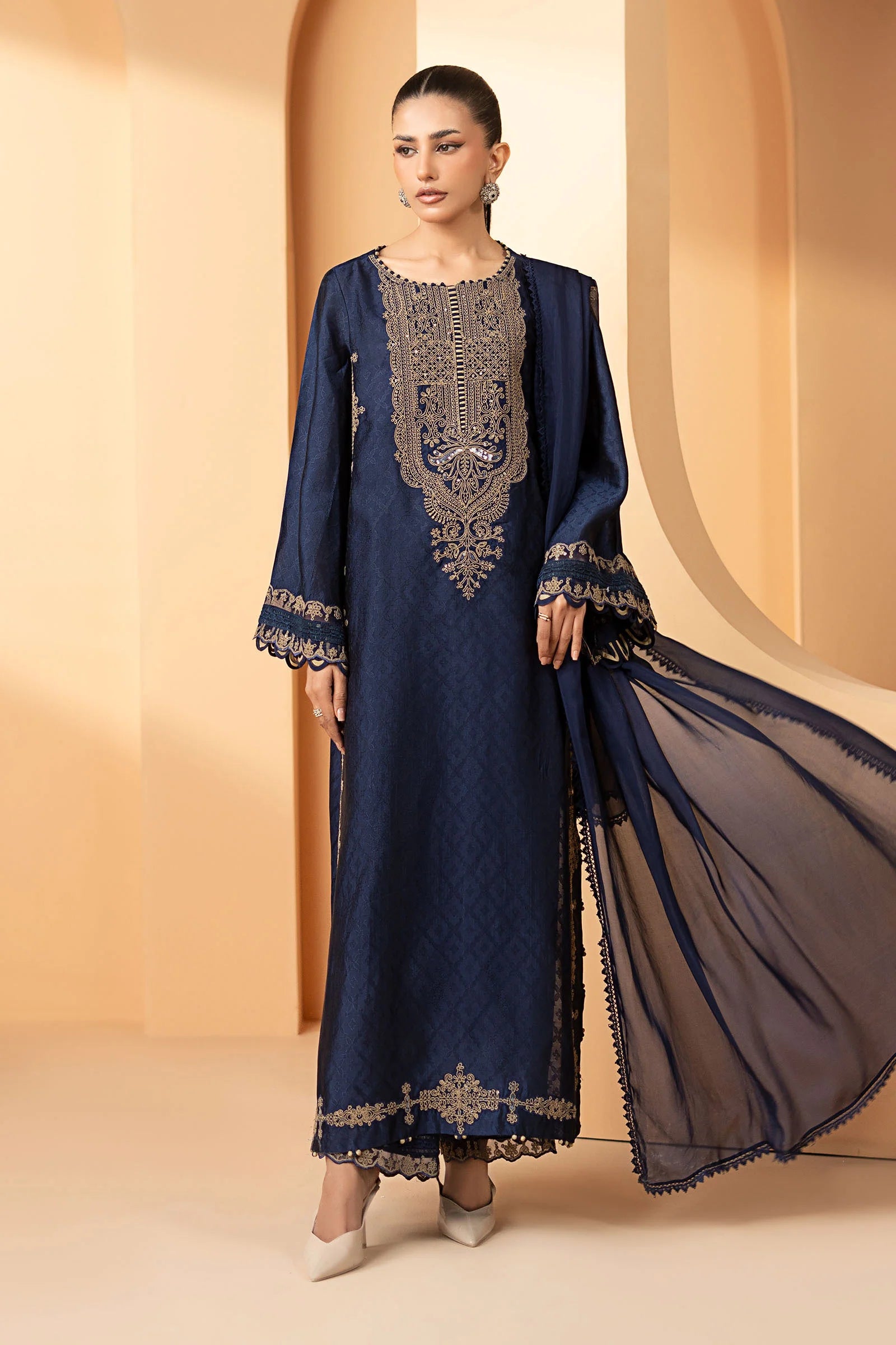 Maria.B. - 3 Piece Embroidered Self Tassel Silk Suit
