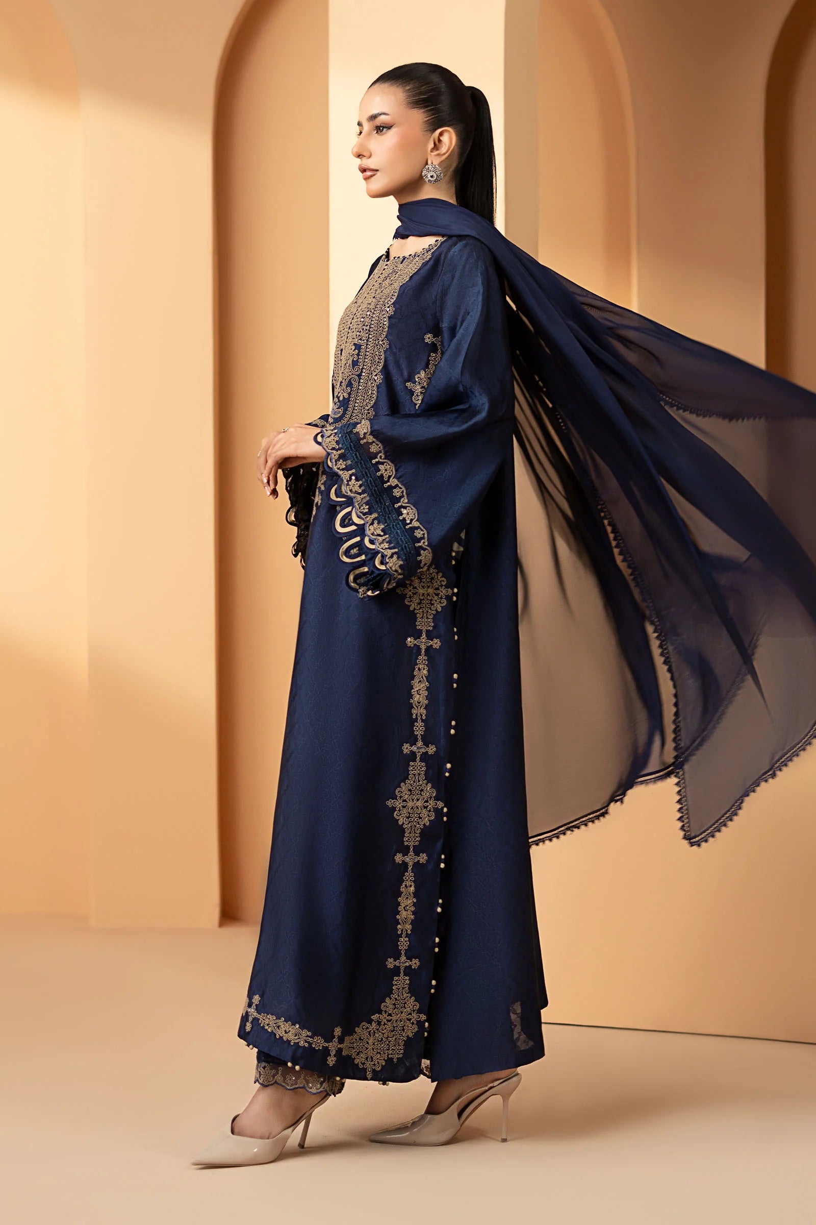 Maria.B. - 3 Piece Embroidered Self Tassel Silk Suit