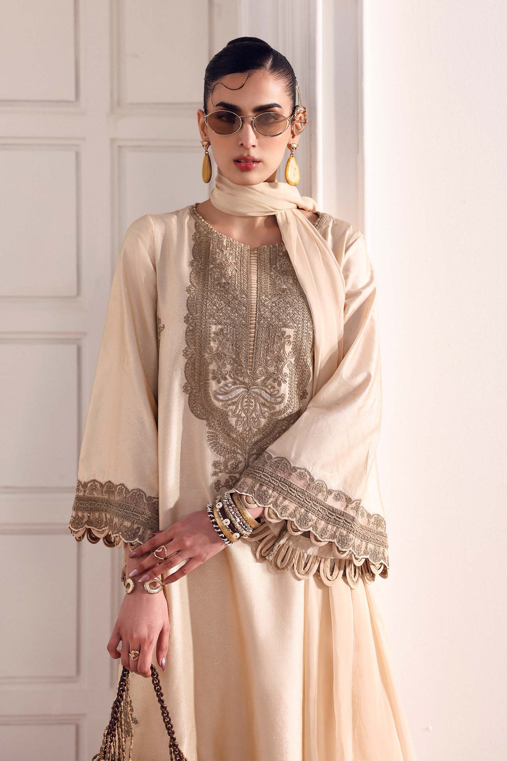 Maria.B. - 3 Piece Embroidered Self Tassel Silk Suit