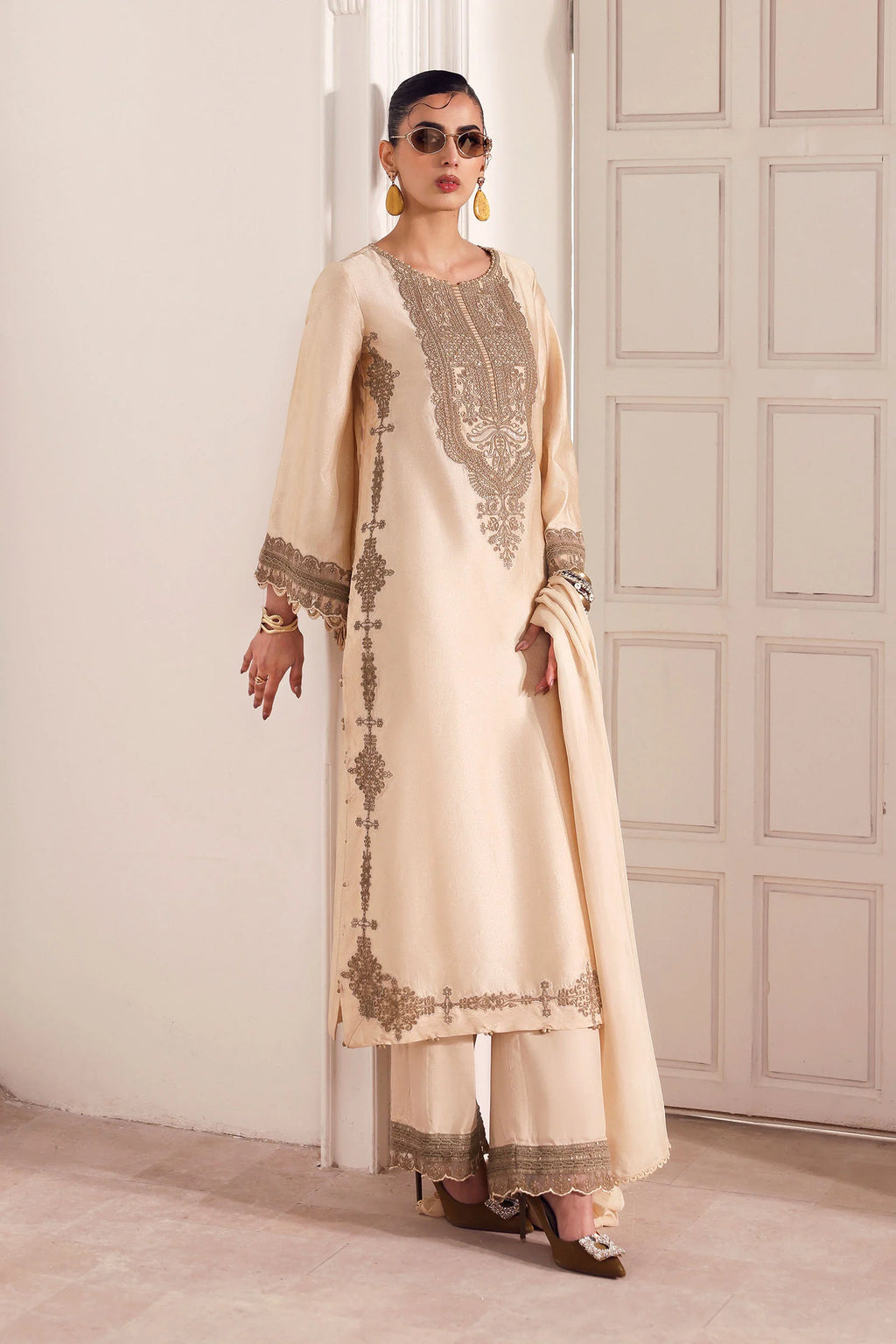Maria.B. - 3 Piece Embroidered Self Tassel Silk Suit