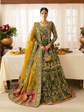 "Mirha Collections Gulaal Maahru medium green luxury hand-embellished stitched three-piece organza angrakha and lehnga suit. Full-length front view featuring tailored panels, statement dupatta, and flared bottoms."