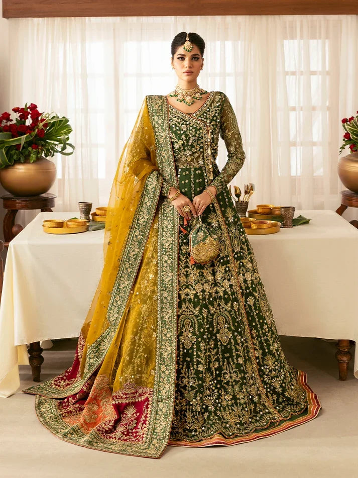 "Mirha Collections Gulaal Maahru medium green luxury hand-embellished stitched three-piece organza angrakha and lehnga suit. Full-length front view featuring tailored panels, statement dupatta, and flared bottoms."