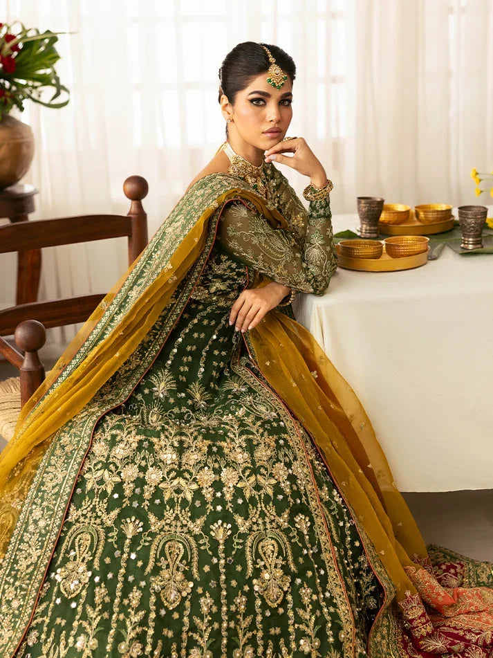 "Close-up detailing on the Gulaal Maahru shirt bodice, displaying hand-worked adda embellishments, golden zari tassels, sheesha accents, and fine organza embroidery."