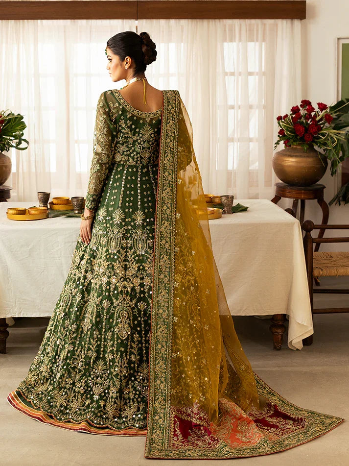 "Focus on the 12-panel organza flared angrakha hemline borders and delicate lace finishings of the Gulaal Maahru stitched luxury wedding suit, showing boutique-quality tailoring."