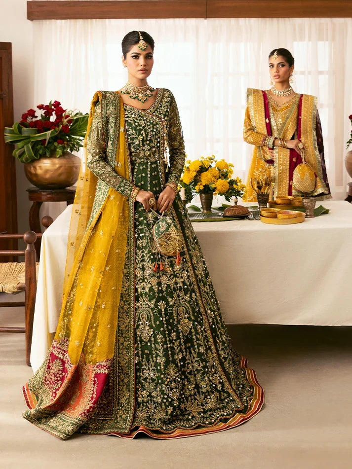 "Detailed drape view of the fluid luxury embroidered organza dupatta featuring peach and maroon raw silk motif pallu borders paired with the Gulaal Maahru formal suit from Mirha Collections."
