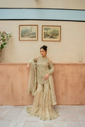"Mirha Collections Mysie by Tahira Mantra golden embellished heavy luxury net shirt with tailored trousers formal set."