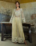 "Mirha Collections Mushq Marguerite luxury embroidered stitched three-piece suit. Full-length front view featuring tailored shirt, designer dupatta, and trousers."