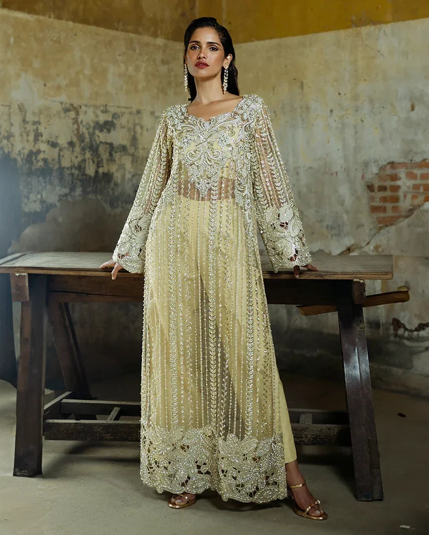 "Mirha Collections Mushq Marguerite luxury embroidered stitched three-piece suit. Full-length front view featuring tailored shirt, designer dupatta, and trousers."