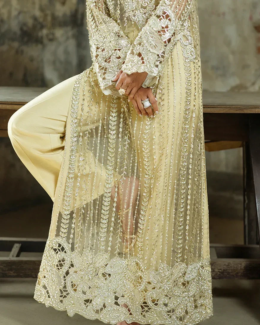 "Detailed drape view of the fluid luxury embroidered dupatta paired with the Mushq Marguerite formal suit from Mirha Collections."