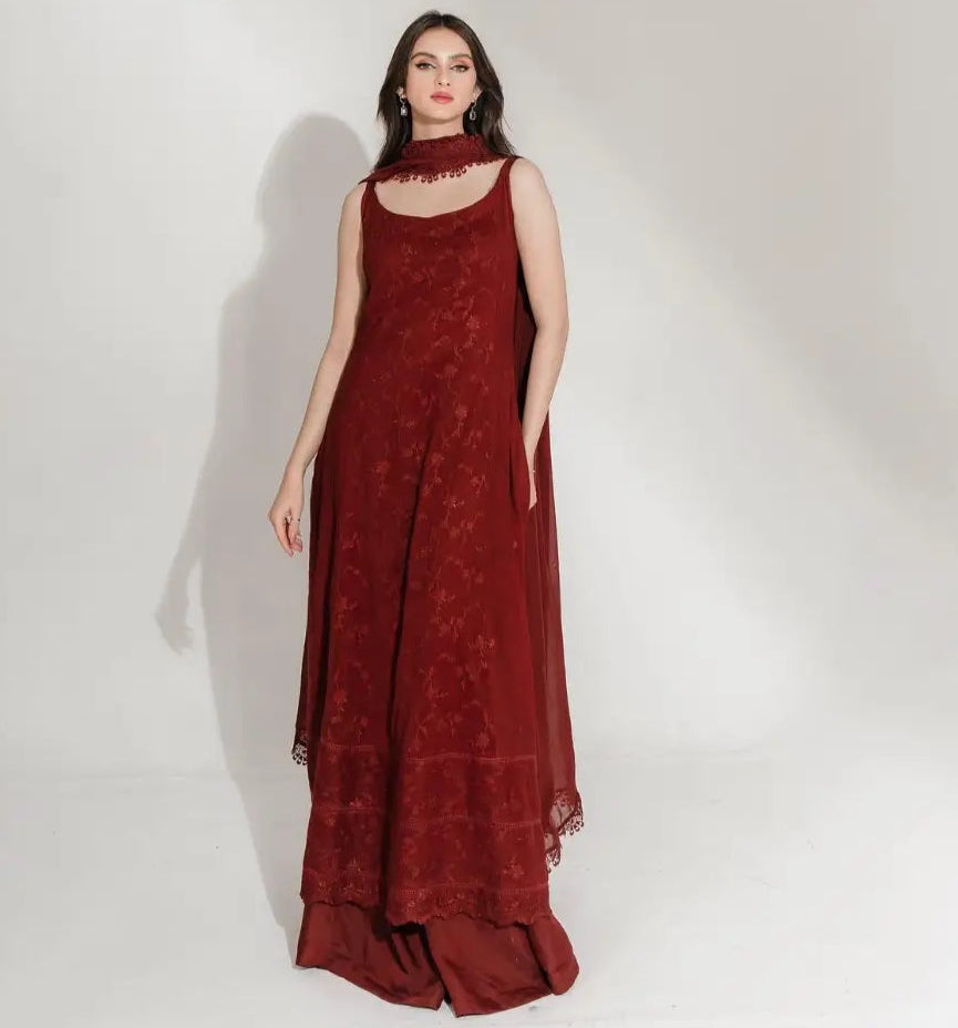 "Mirha Collections pure embroidered cotton net shirt with flared wide-leg sharara bottoms and medium silk dupatta three-piece suit."