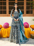 "Mirha Collections Gulaal Meena teal luxury hand-embellished stitched three-piece organza suit. Full-length front view featuring tailored shirt, embellished dupatta, and raw silk trousers."