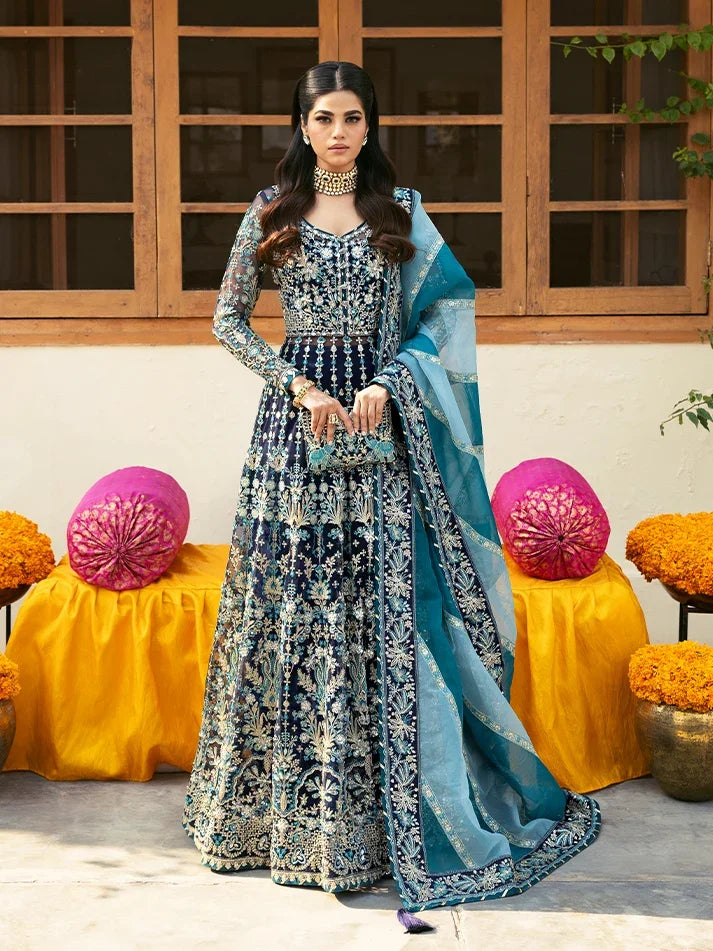 "Mirha Collections Gulaal Meena teal luxury hand-embellished stitched three-piece organza suit. Full-length front view featuring tailored shirt, embellished dupatta, and raw silk trousers."