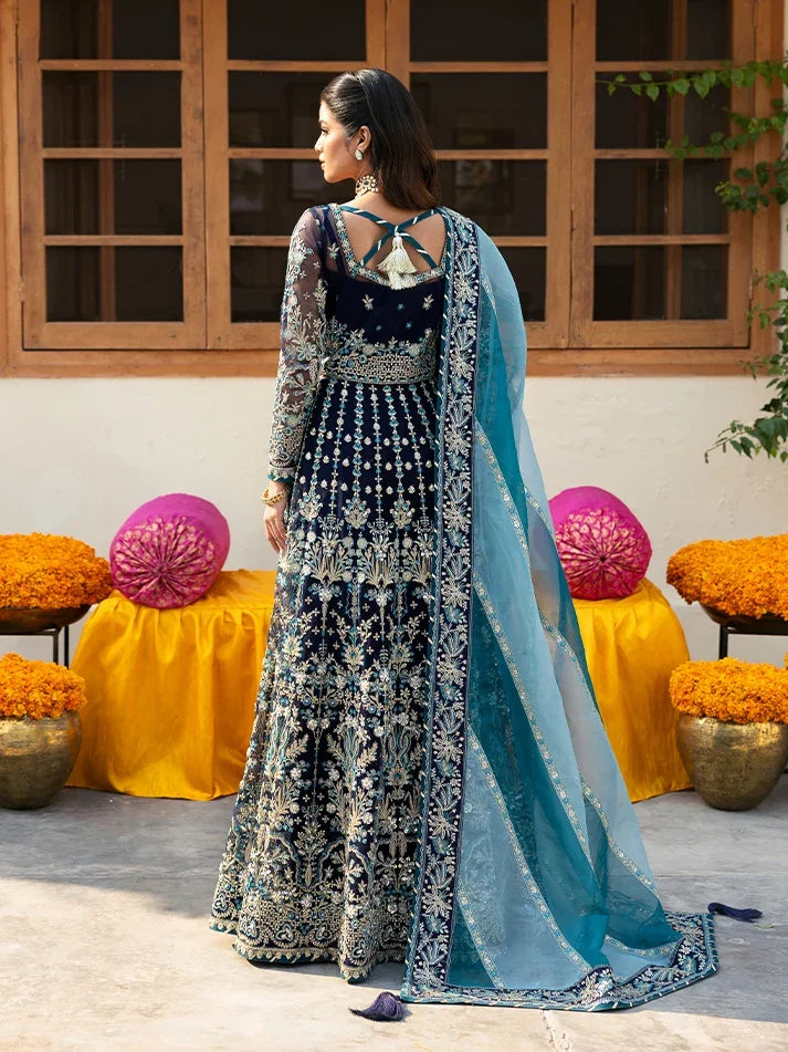 "Detailed drape view of the fluid luxury embroidered organza statement dupatta with scalloped borders paired with the Gulaal Meena formal suit from Mirha Collections."