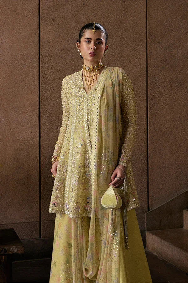 "Mirha Collections Suffuse Merivah embroidered heavily embellished ready-to-wear wedding formal shirt with trousers and dupatta three-piece set."