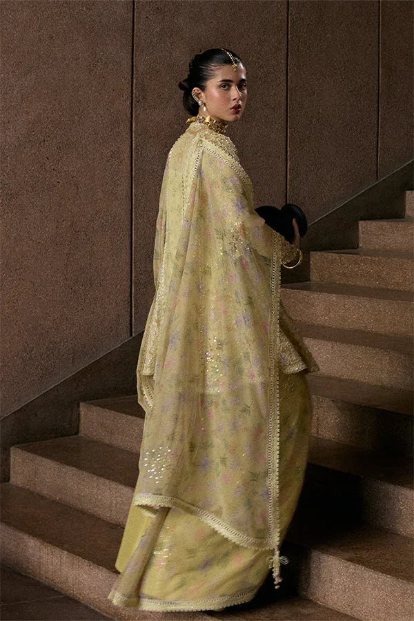 "Focus on matching embellished dupatta framed with four-sided embroidered borders paired with Suffuse Merivah set."