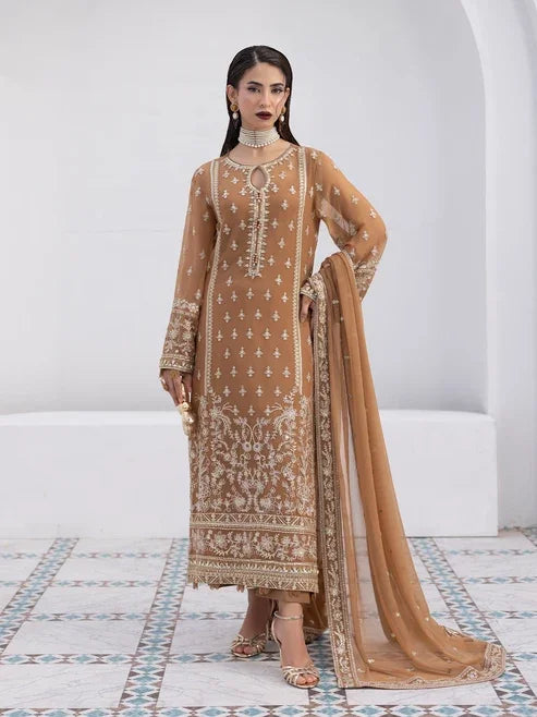 "Mirha Collections Gulaal Mirage luxury embroidered stitched three-piece suit. Full-length front view featuring tailored shirt, embellished dupatta, and trousers."