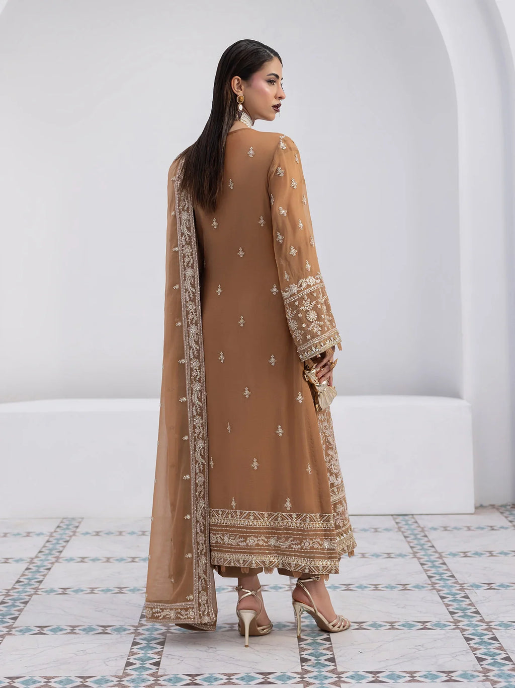 "Detailed drape view of the fluid luxury embroidered statement dupatta paired with the Gulaal Mirage formal suit from Mirha Collections."