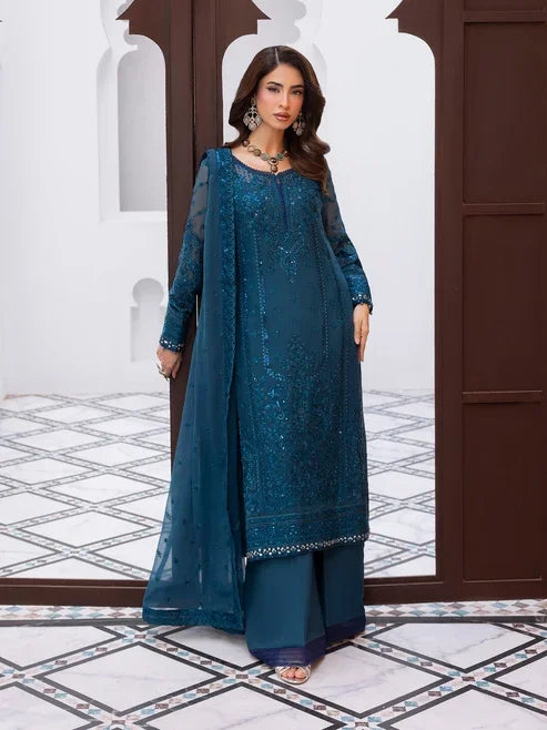 "Mirha Collections Gulaal Mist luxury embroidered stitched three-piece suit. Full-length front view featuring tailored soft-toned shirt, embellished dupatta, and trousers."
