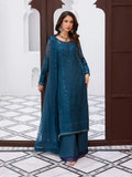 "Mirha Collections Gulaal Mist luxury embroidered stitched three-piece suit. Full-length front view featuring tailored soft-toned shirt, embellished dupatta, and trousers."