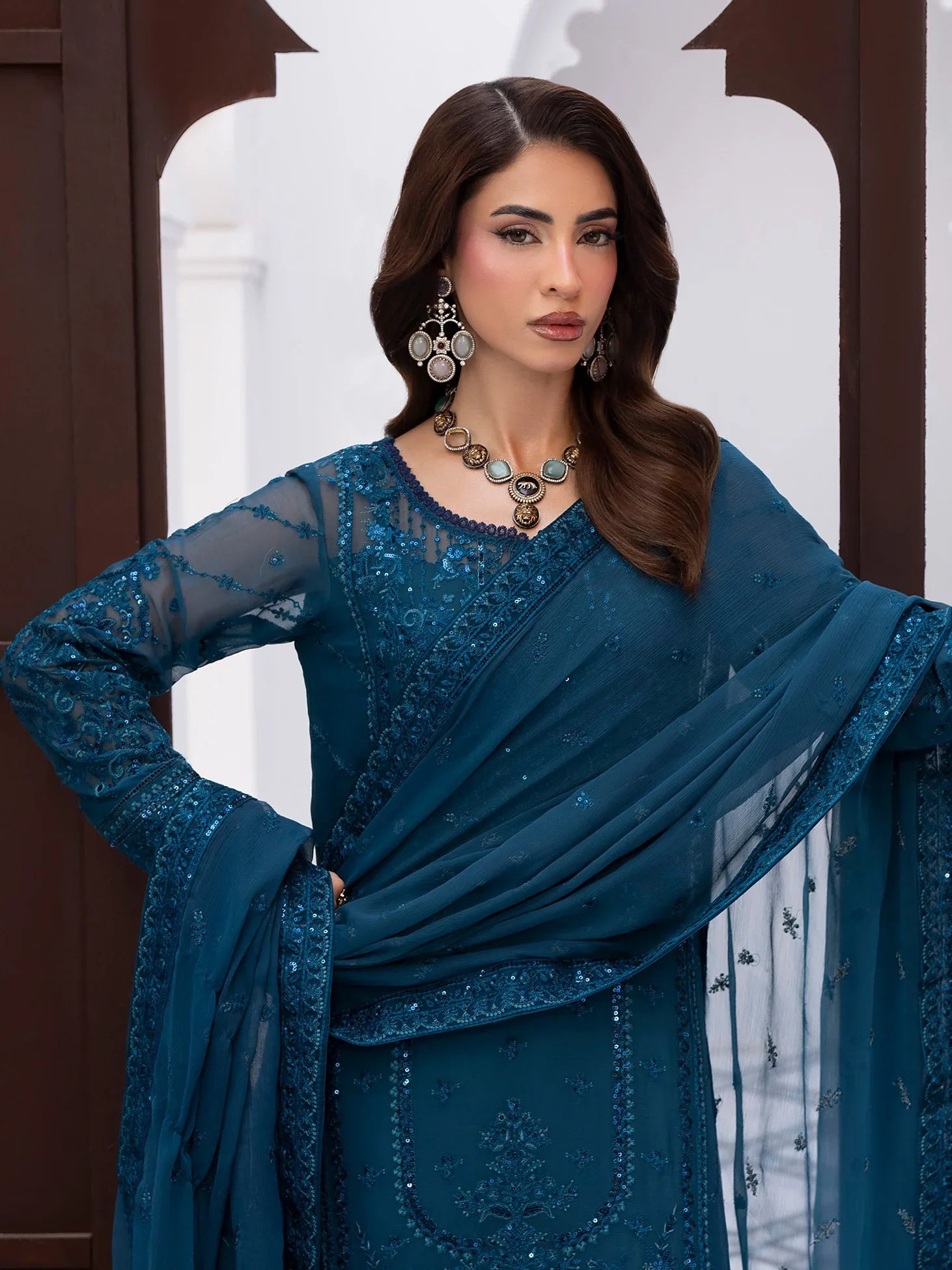 "Detailed drape view of the fluid luxury embroidered statement dupatta paired with the Gulaal Mist formal suit from Mirha Collections."