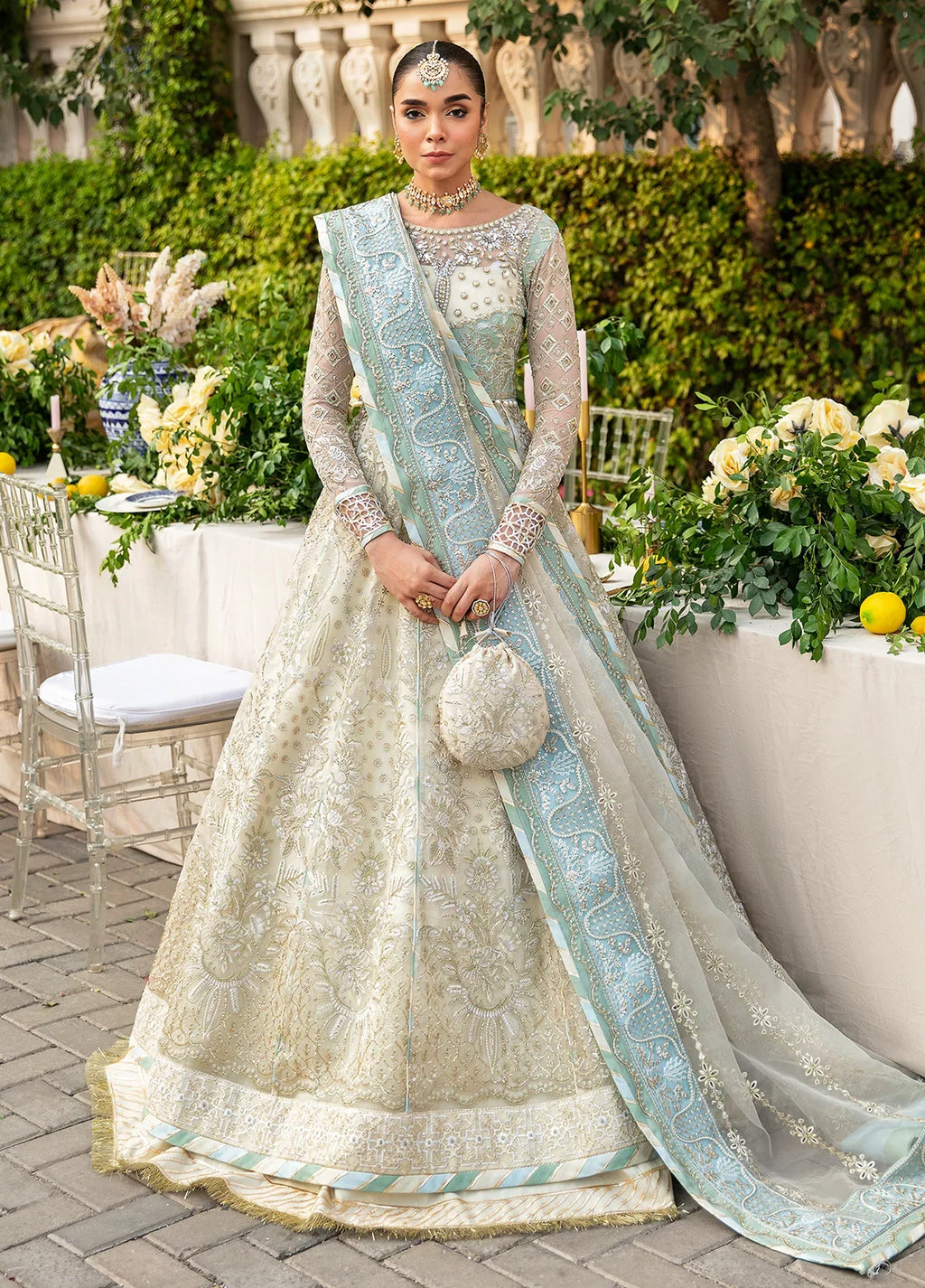"Mirha Collections Gulaal Nareena ivory luxury hand-embellished stitched three-piece wedding formal suit. Full-length front view featuring tailored shirt, embellished dupatta, and raw silk trousers."