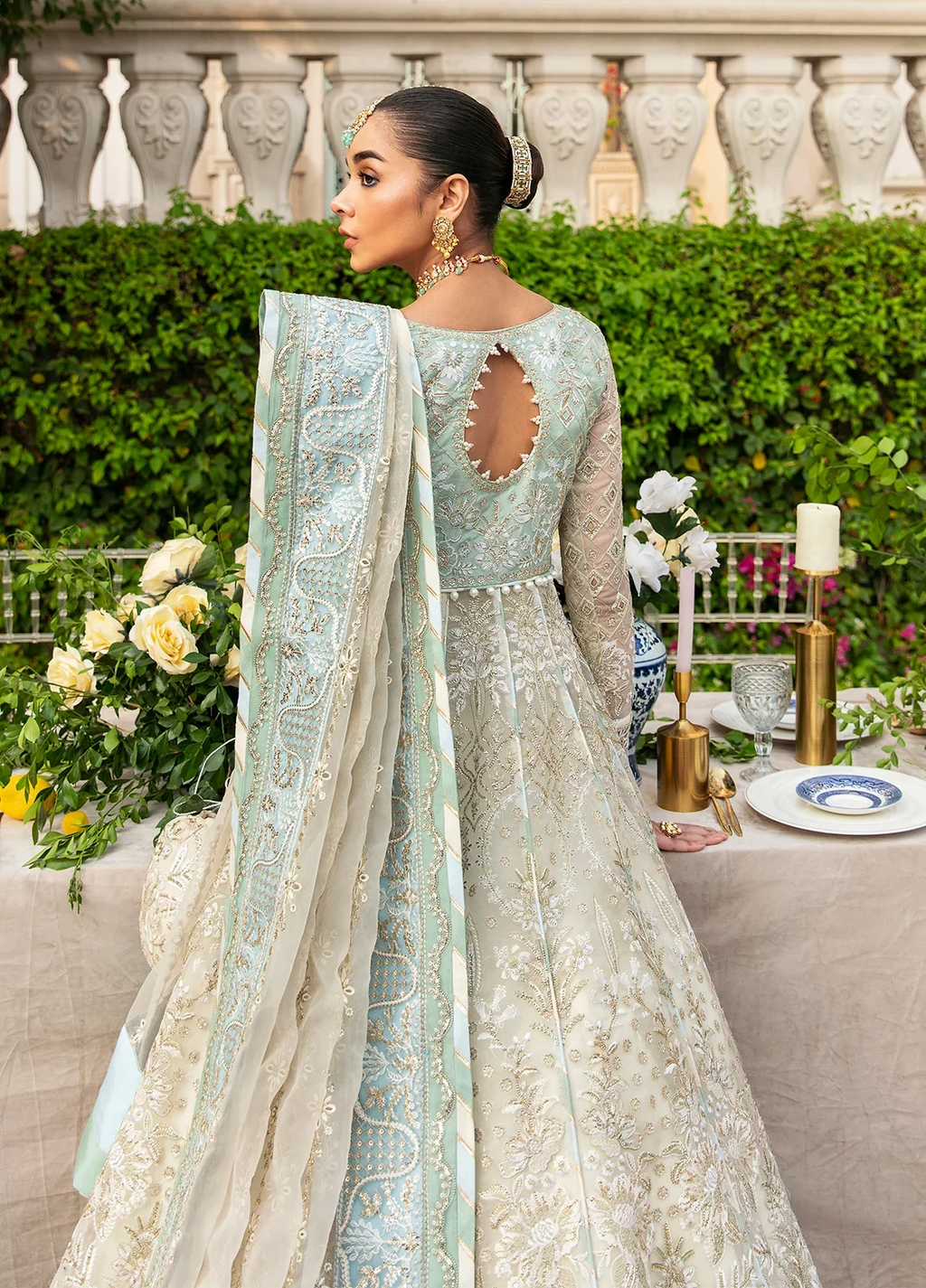 "Detailed drape view of the fluid luxury embroidered statement dupatta with finished border motifs paired with the Gulaal Nareena formal suit from Mirha Collections."