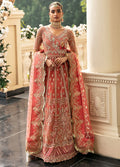 "Mirha Collections Gulaal Nehir teal blue luxury hand-embellished stitched three-piece wedding formal suit. Full-length front view featuring tailored shirt, contrasting dupatta, and raw silk trousers."