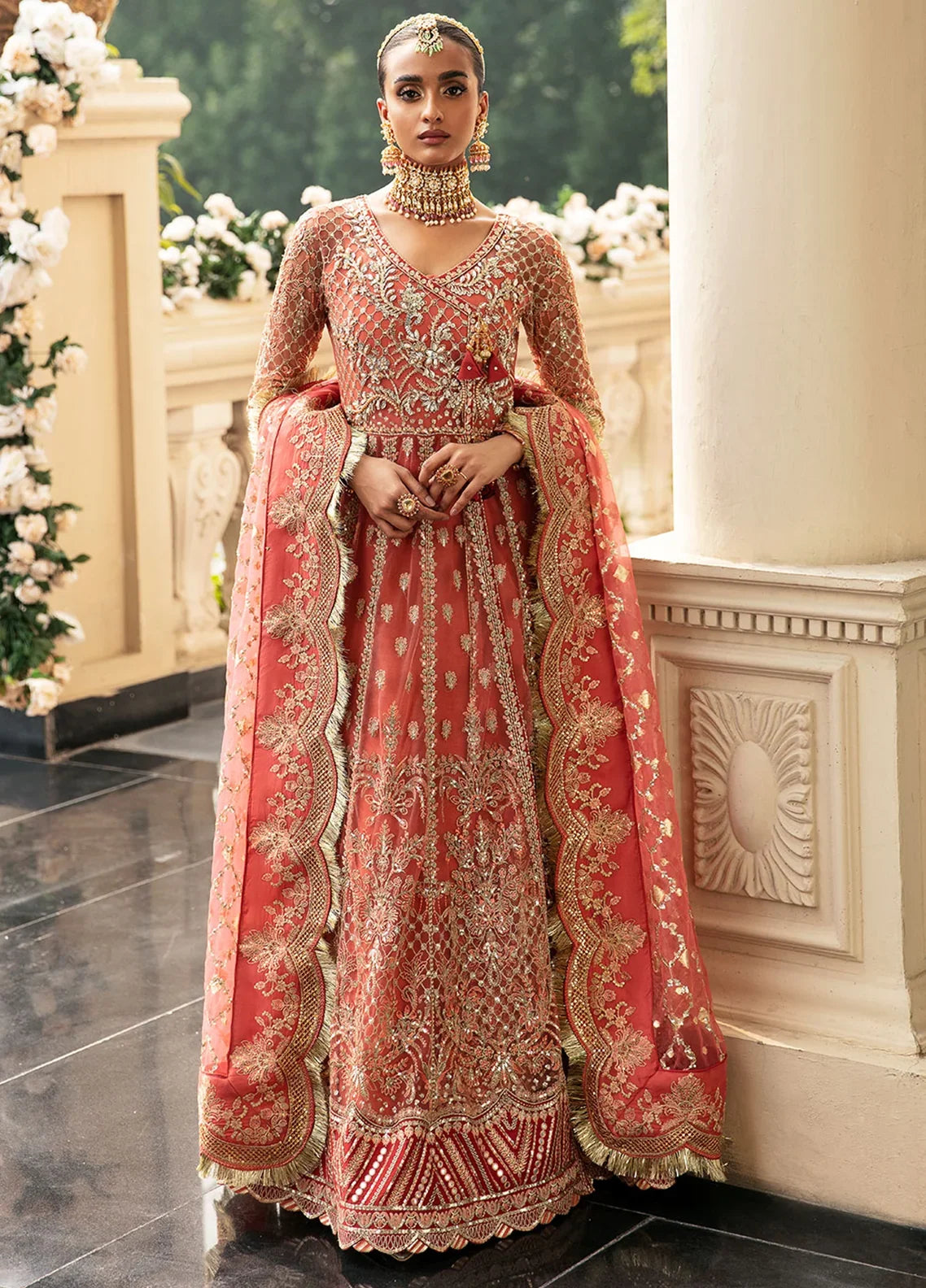 "Mirha Collections Gulaal Nehir teal blue luxury hand-embellished stitched three-piece wedding formal suit. Full-length front view featuring tailored shirt, contrasting dupatta, and raw silk trousers."
