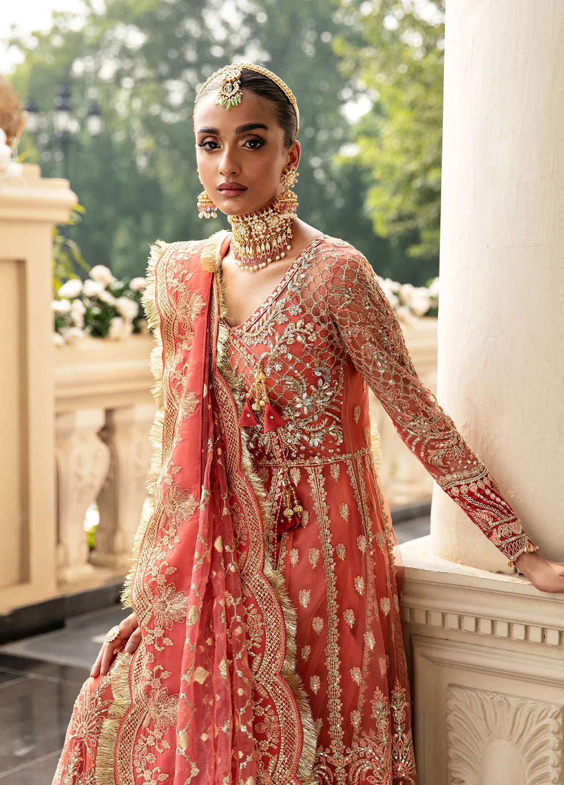 "Close-up detailing on the Gulaal Nehir shirt bodice, displaying hand-worked adda embellishments, sheesha accents, panni embroidery, and fine fabric texture."