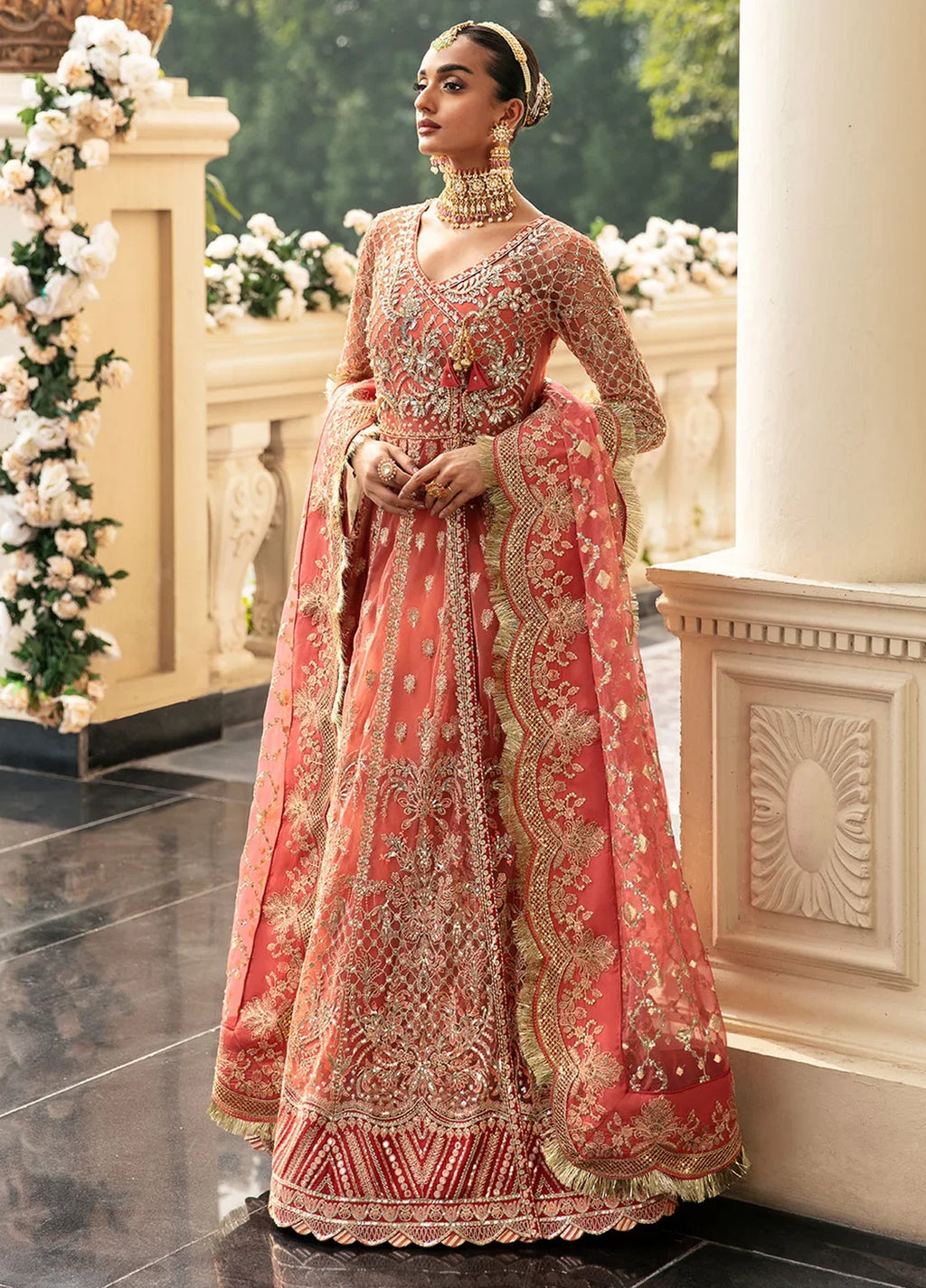"Detailed drape view of the fluid luxury embroidered statement dupatta with finished border motifs paired with the Gulaal Nehir formal suit from Mirha Collections."