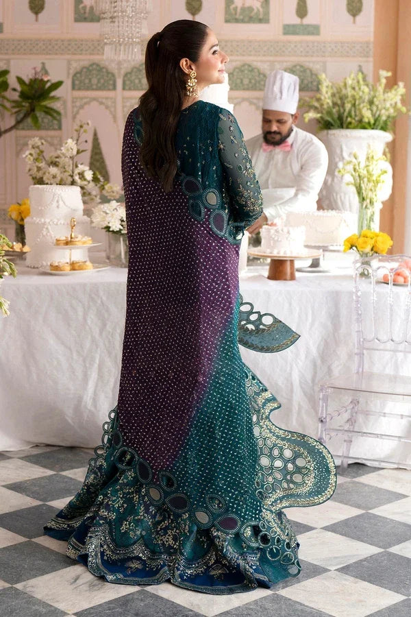 "Focus on matching heavy statement embroidered dupatta framed with detailed four-sided borders paired with Nureh NL-94 Amania set."